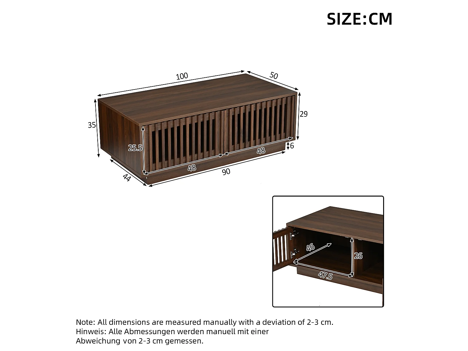 Tavolino basso 100x50x35 cm finitura marrone per soggiorno, 2 ante traforate, ampio ripostiglio chiuso, design minimalista