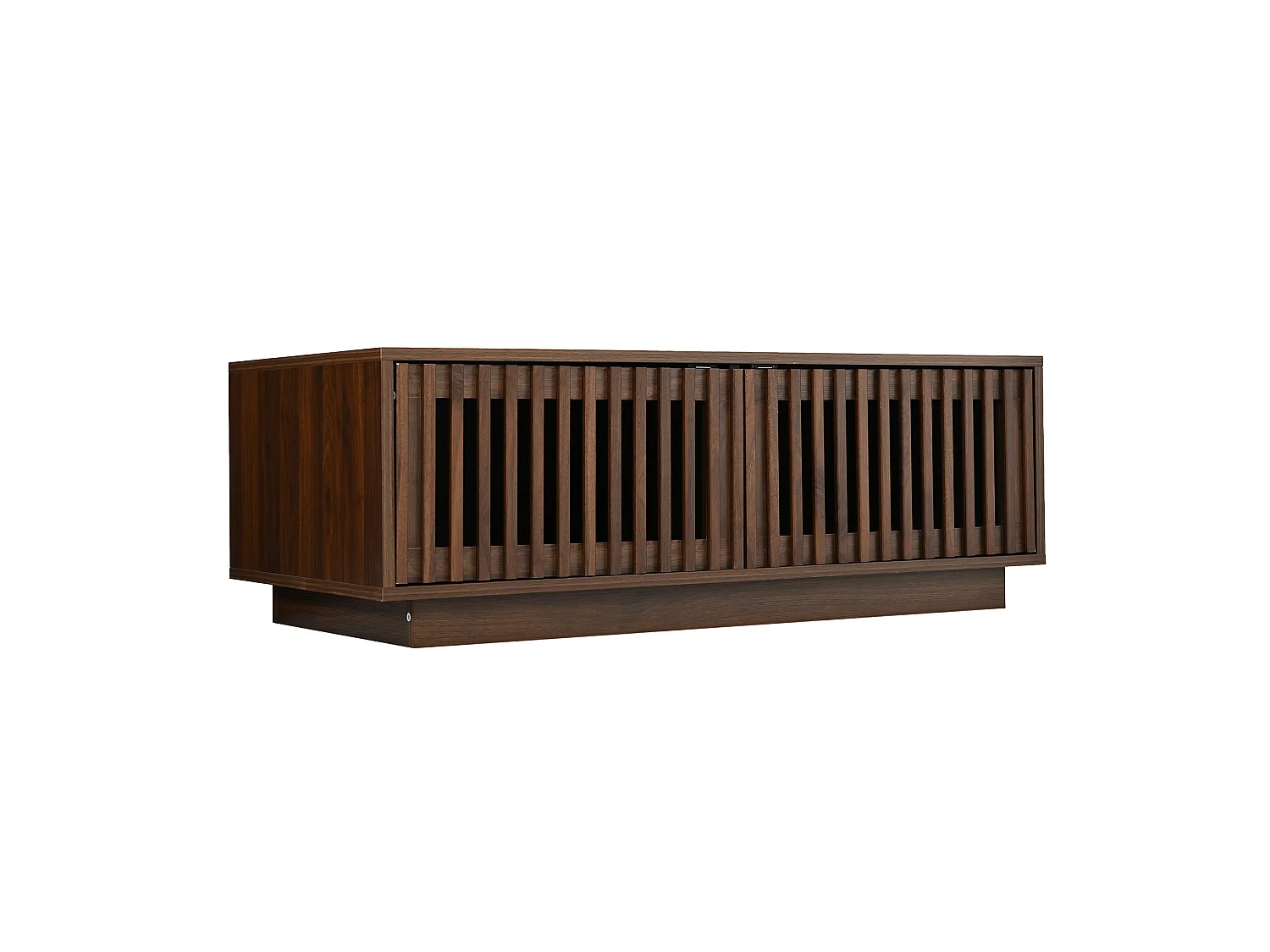 Tavolino basso 100x50x35 cm finitura marrone per soggiorno, 2 ante traforate, ampio ripostiglio chiuso, design minimalista