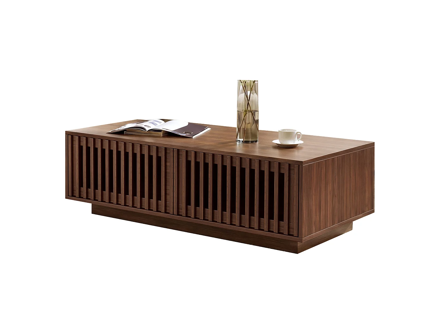 Tavolino basso 100x50x35 cm finitura marrone per soggiorno, 2 ante traforate, ampio ripostiglio chiuso, design minimalista