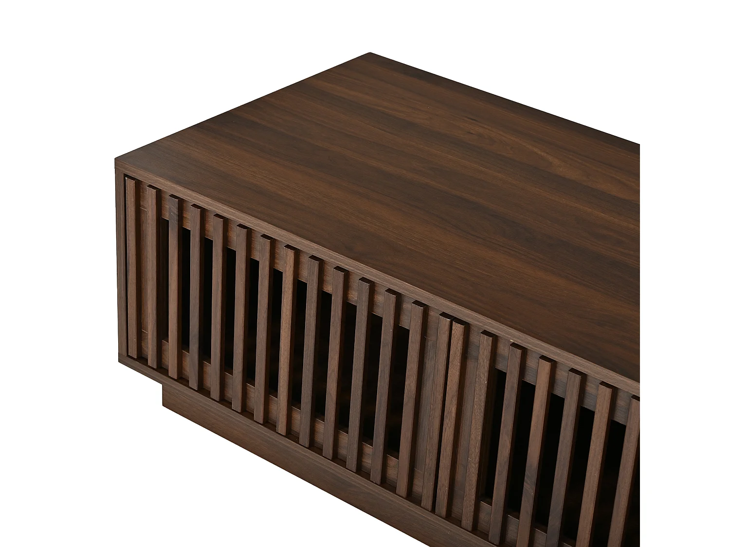 Tavolino basso 100x50x35 cm finitura marrone per soggiorno, 2 ante traforate, ampio ripostiglio chiuso, design minimalista