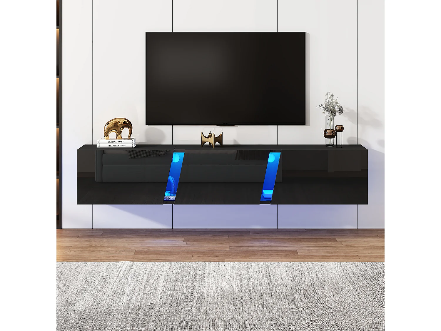 Mueble TV suspendido moderno 180 cm negro brillante con LED, 3 puertas basculantes y gran espacio de almacenamiento para salón