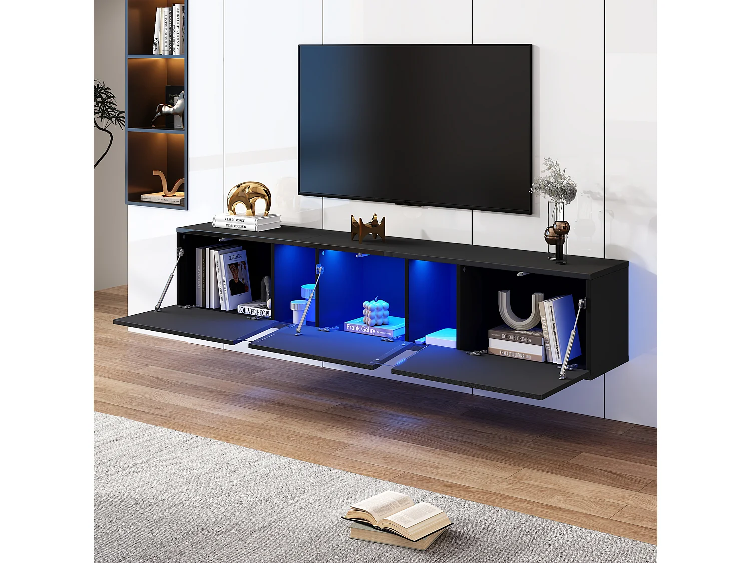 Mueble TV suspendido moderno 180 cm negro brillante con LED, 3 puertas basculantes y gran espacio de almacenamiento para salón