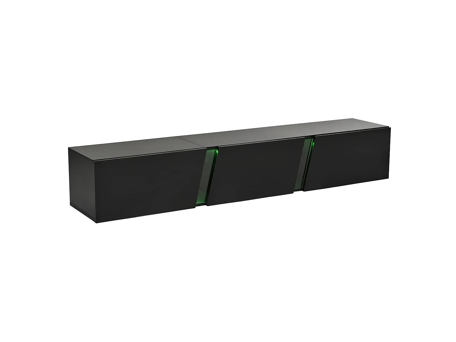 Mueble TV suspendido moderno 180 cm negro brillante con LED, 3 puertas basculantes y gran espacio de almacenamiento para salón