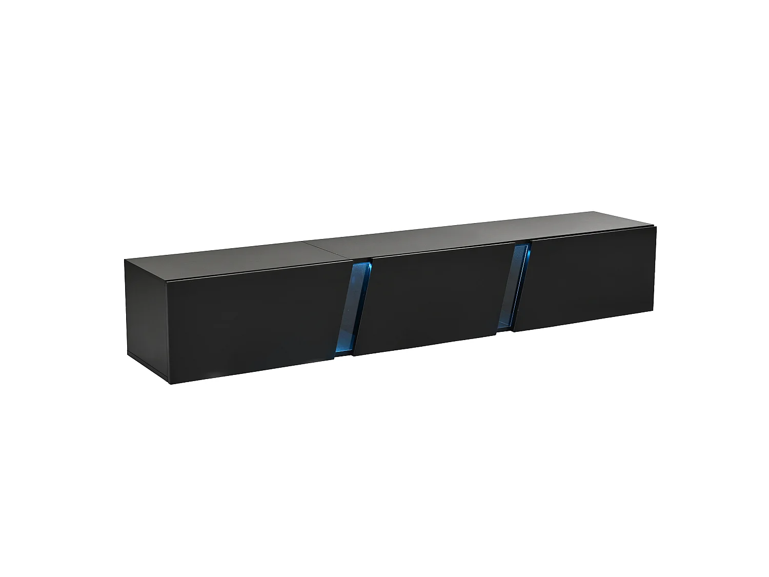 Mueble TV suspendido moderno 180 cm negro brillante con LED, 3 puertas basculantes y gran espacio de almacenamiento para salón