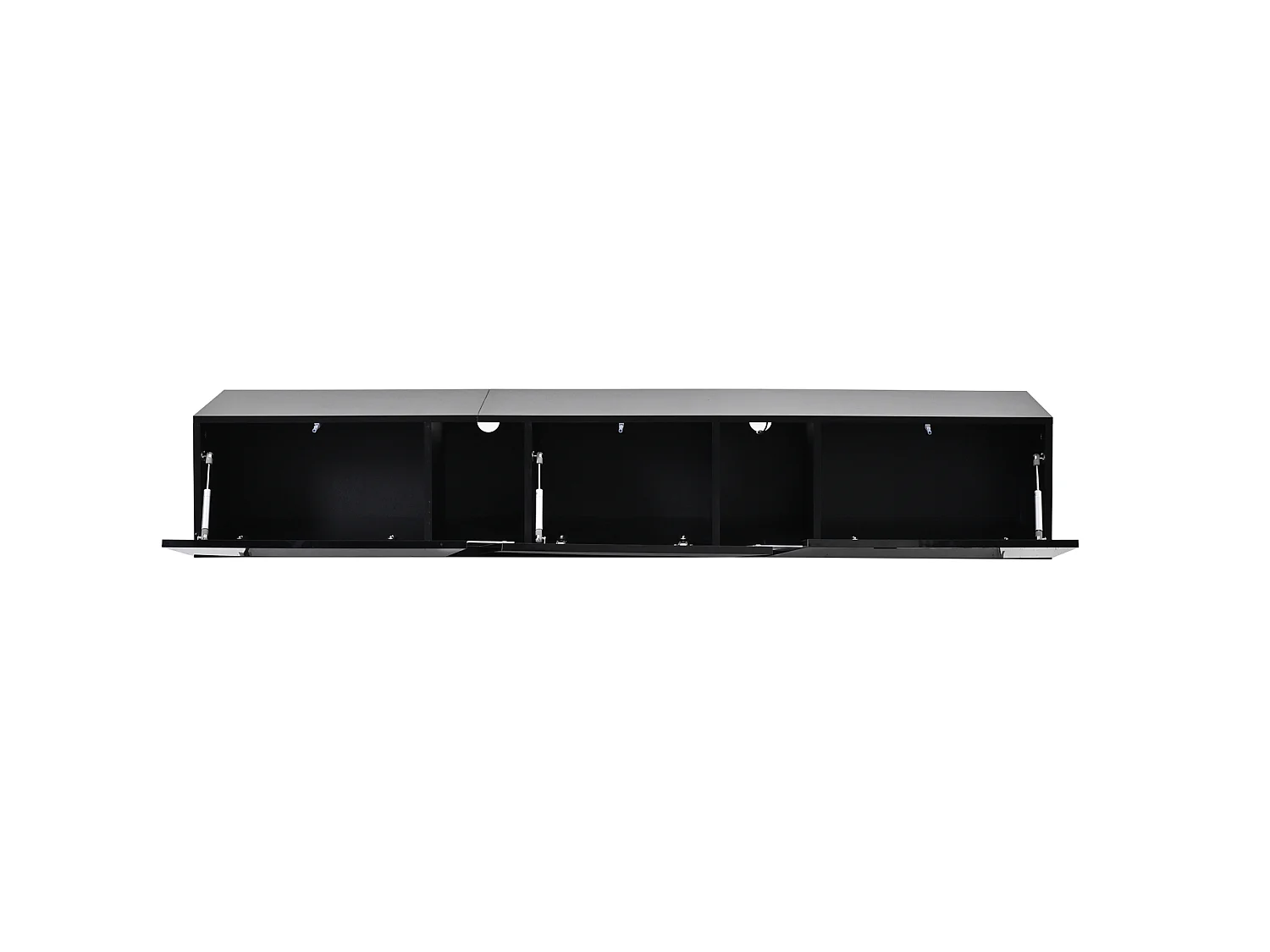 Mueble TV suspendido moderno 180 cm negro brillante con LED, 3 puertas basculantes y gran espacio de almacenamiento para salón
