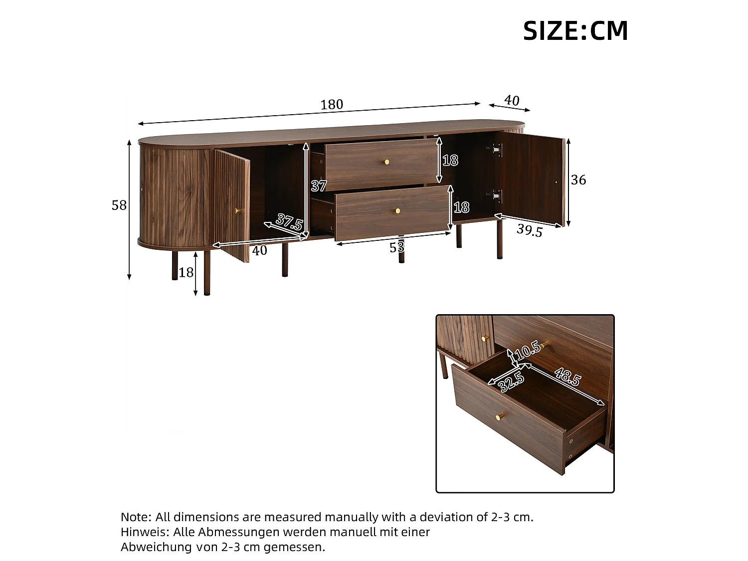 TV-Schrank oval 180 cm braun mit 2 Türen, 2 Schubladen und großem Stauraum für Wohnzimmer