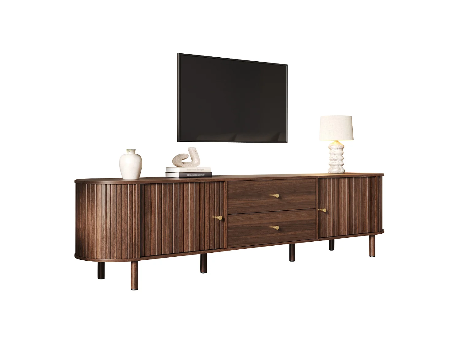 TV-Schrank oval 180 cm braun mit 2 Türen, 2 Schubladen und großem Stauraum für Wohnzimmer