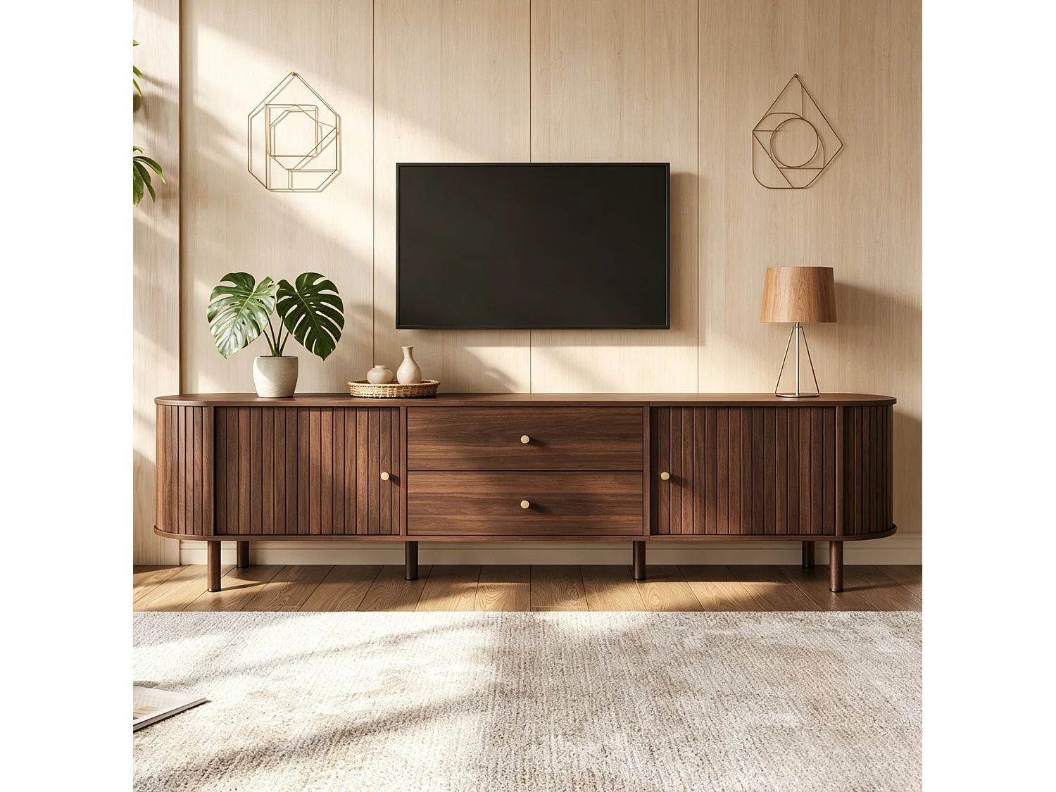 TV-Schrank oval 180 cm braun mit 2 Türen, 2 Schubladen und großem Stauraum für Wohnzimmer
