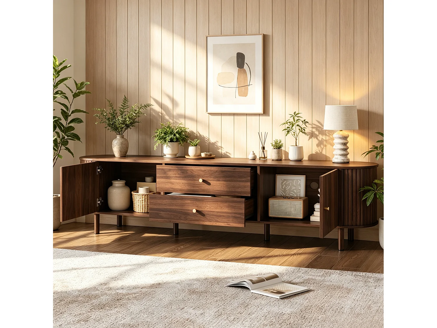 TV-Schrank oval 180 cm braun mit 2 Türen, 2 Schubladen und großem Stauraum für Wohnzimmer