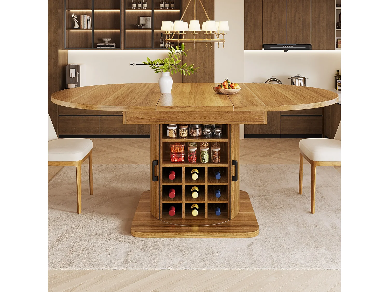Table de salle à manger extensible naturel foncé en MDF pour 4 à 6 personnes, multifonction avec rangement et étagères amovibles