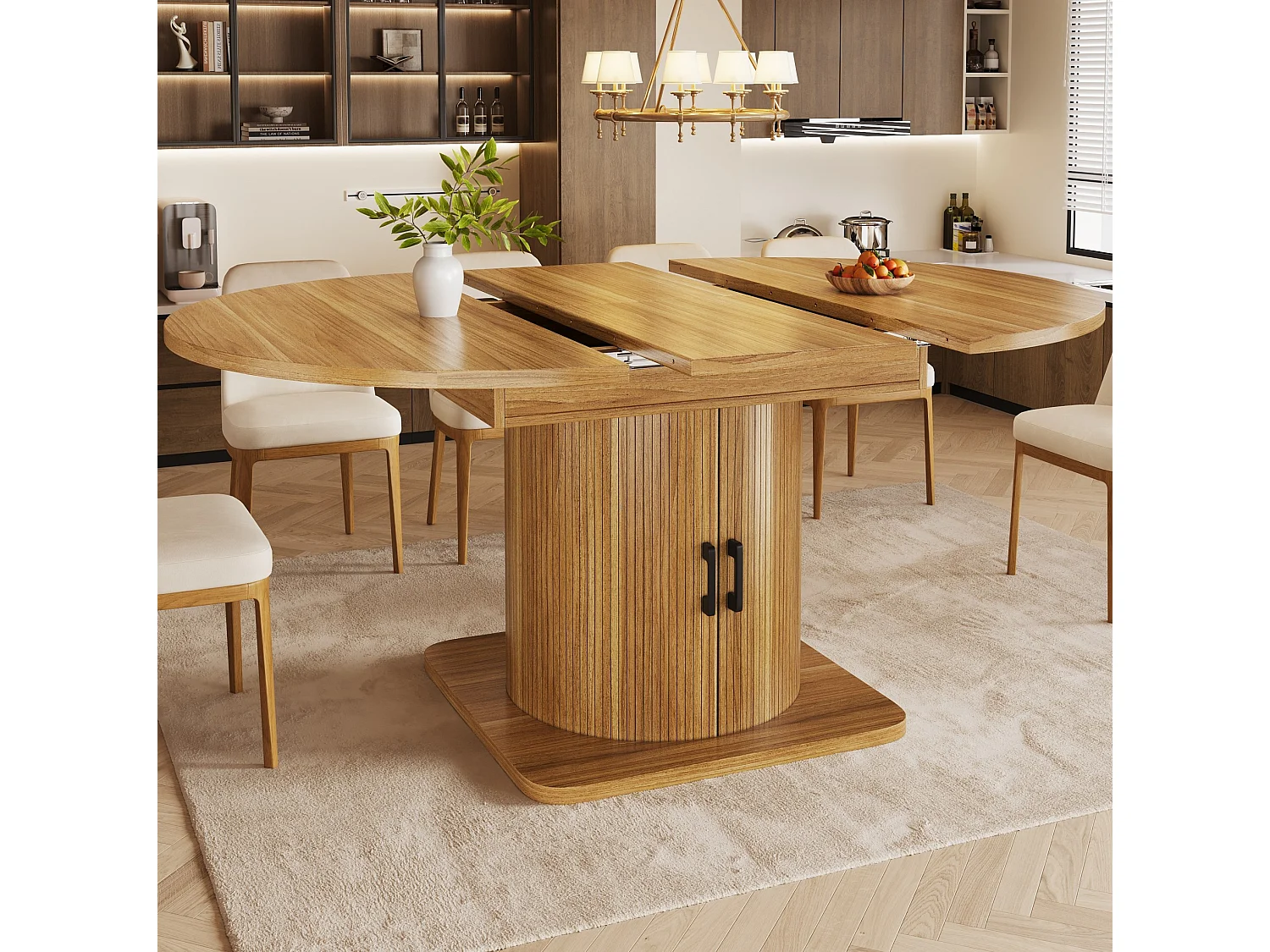 Table de salle à manger extensible naturel foncé en MDF pour 4 à 6 personnes, multifonction avec rangement et étagères amovibles