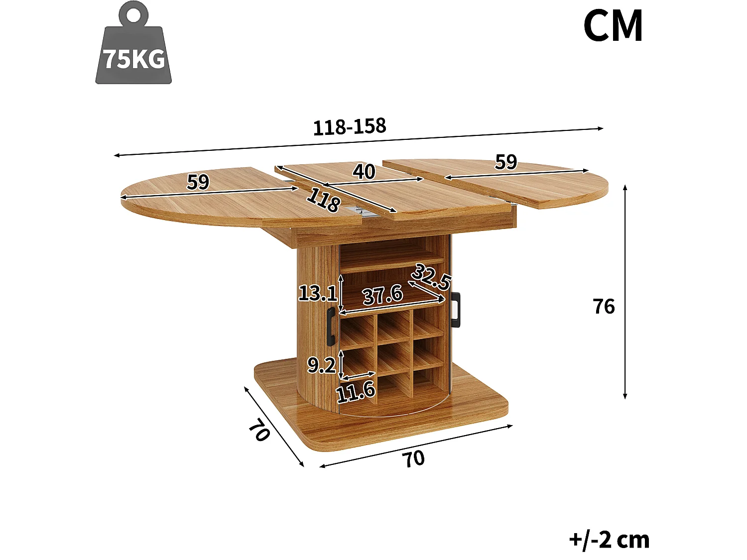 Table de salle à manger extensible naturel foncé en MDF pour 4 à 6 personnes, multifonction avec rangement et étagères amovibles
