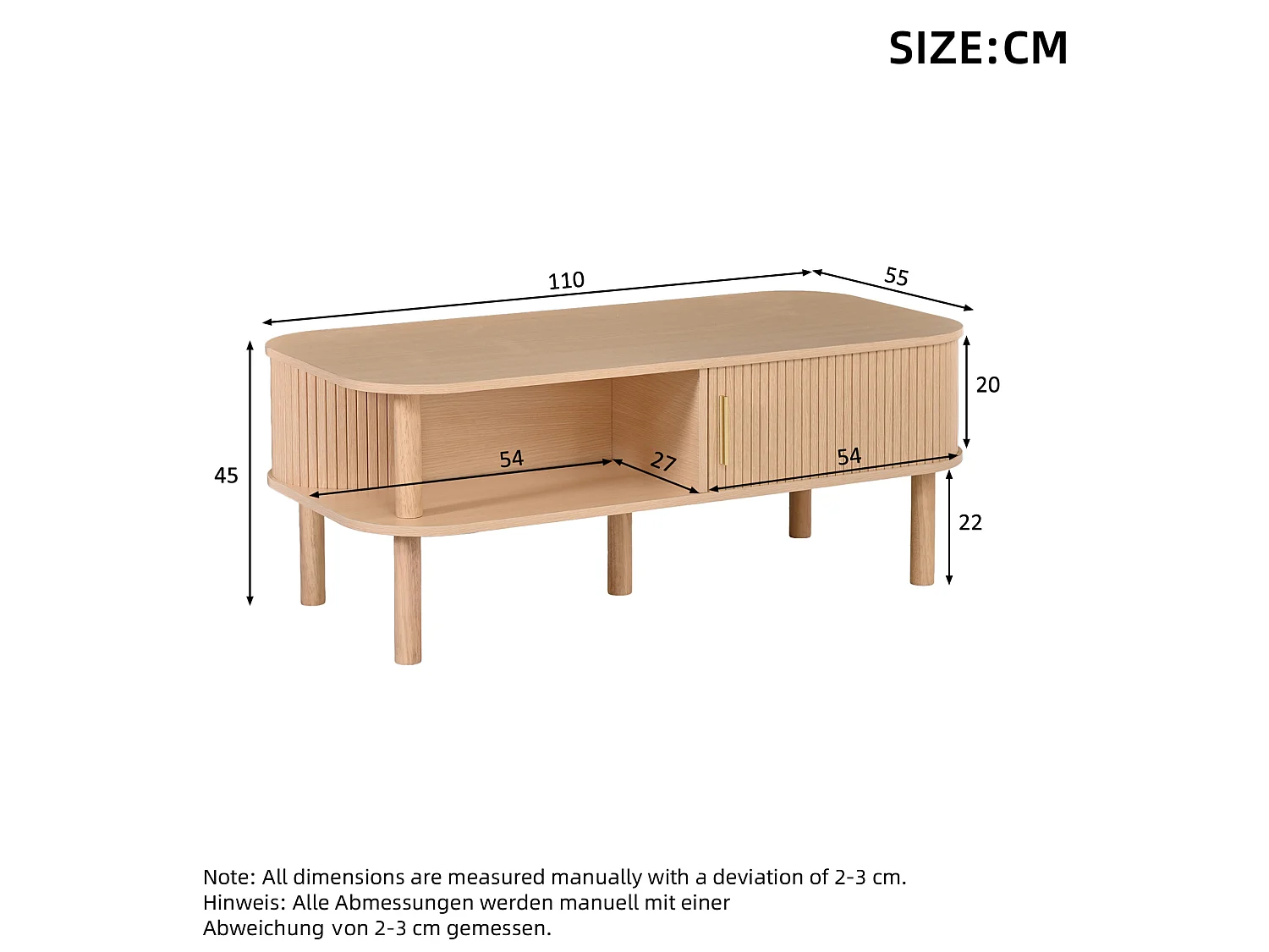 Tavolino basso 110x55x45 cm finitura naturale per soggiorno, anta scorrevole scanalata e vani ripostiglio aperti e chiusi