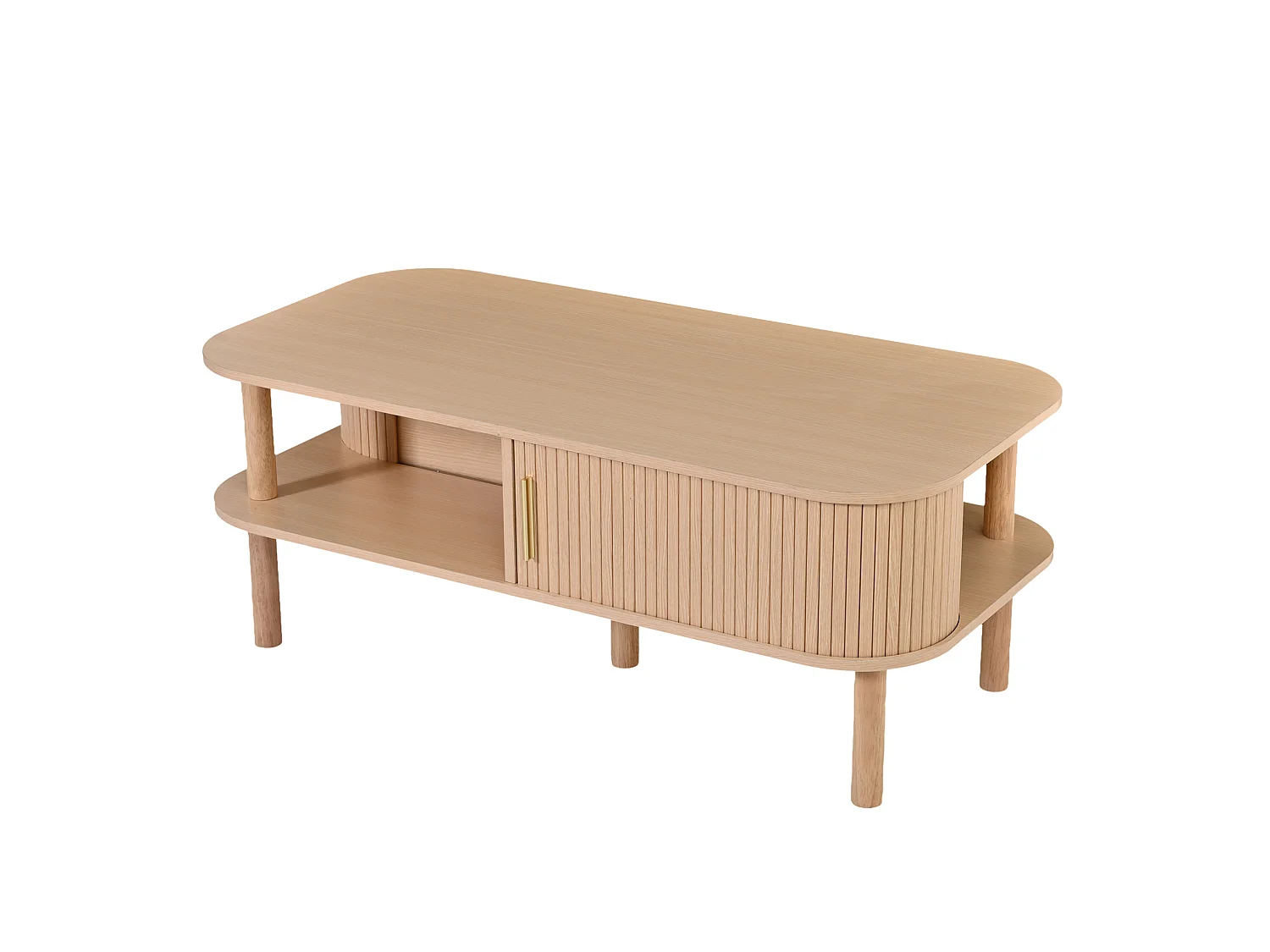 Tavolino basso 110x55x45 cm finitura naturale per soggiorno, anta scorrevole scanalata e vani ripostiglio aperti e chiusi