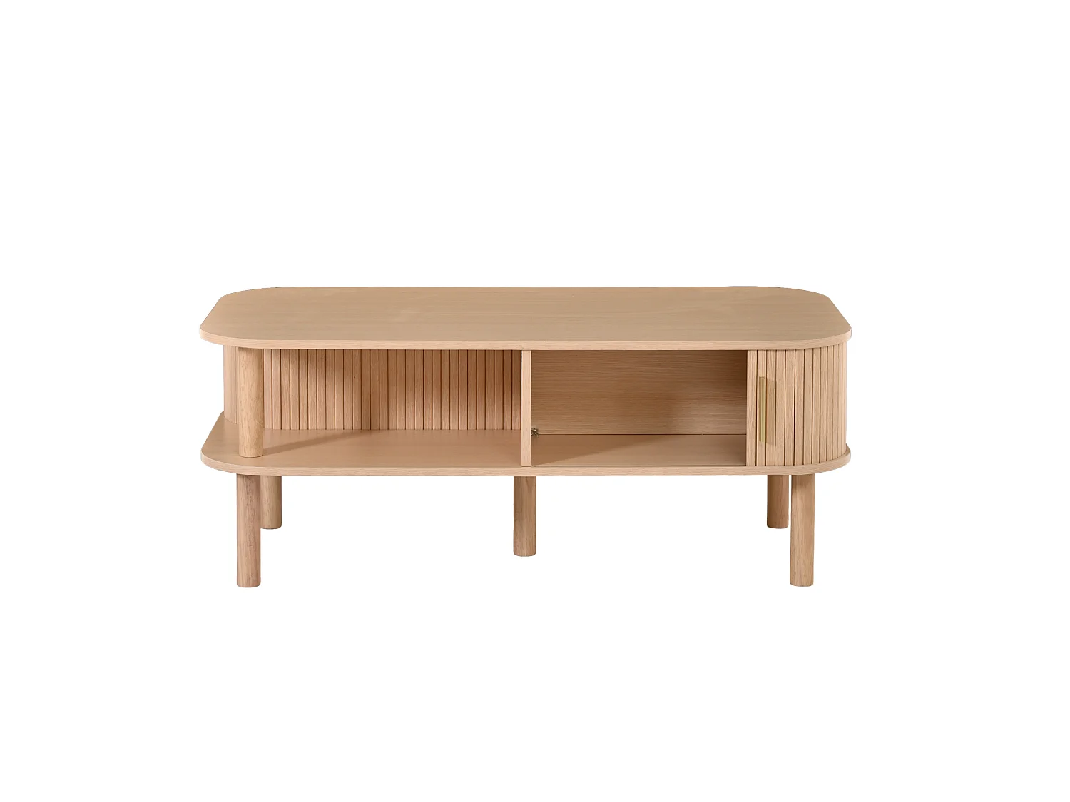 Tavolino basso 110x55x45 cm finitura naturale per soggiorno, anta scorrevole scanalata e vani ripostiglio aperti e chiusi