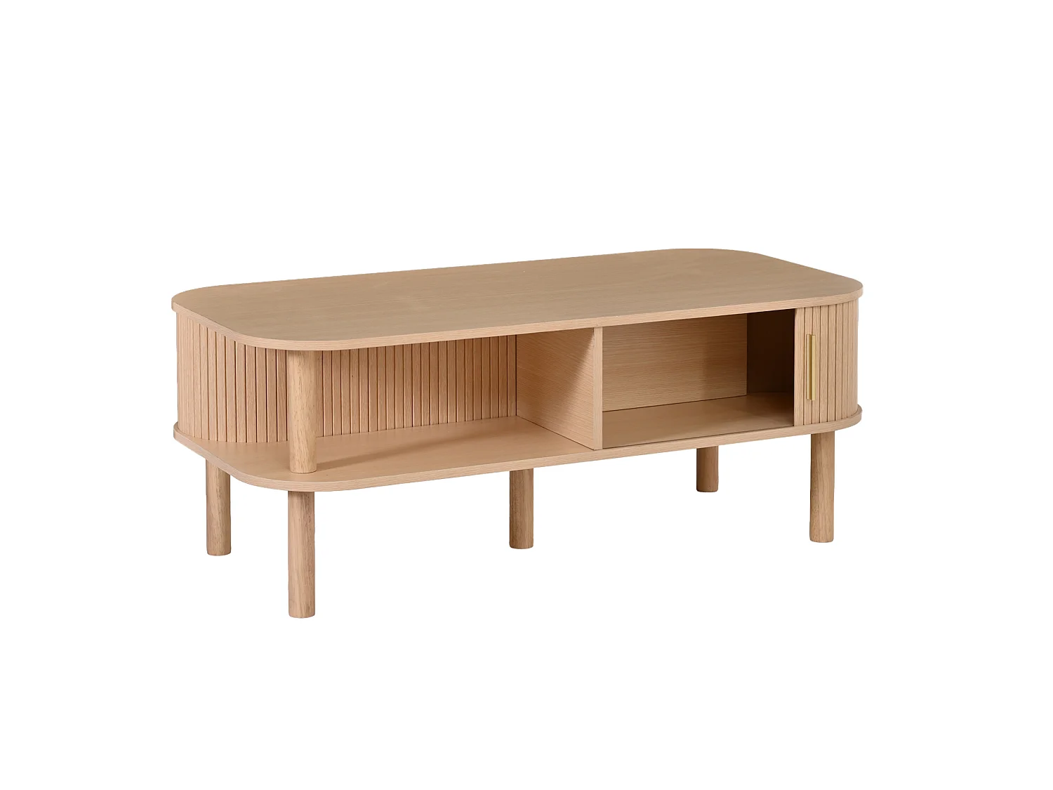 Tavolino basso 110x55x45 cm finitura naturale per soggiorno, anta scorrevole scanalata e vani ripostiglio aperti e chiusi