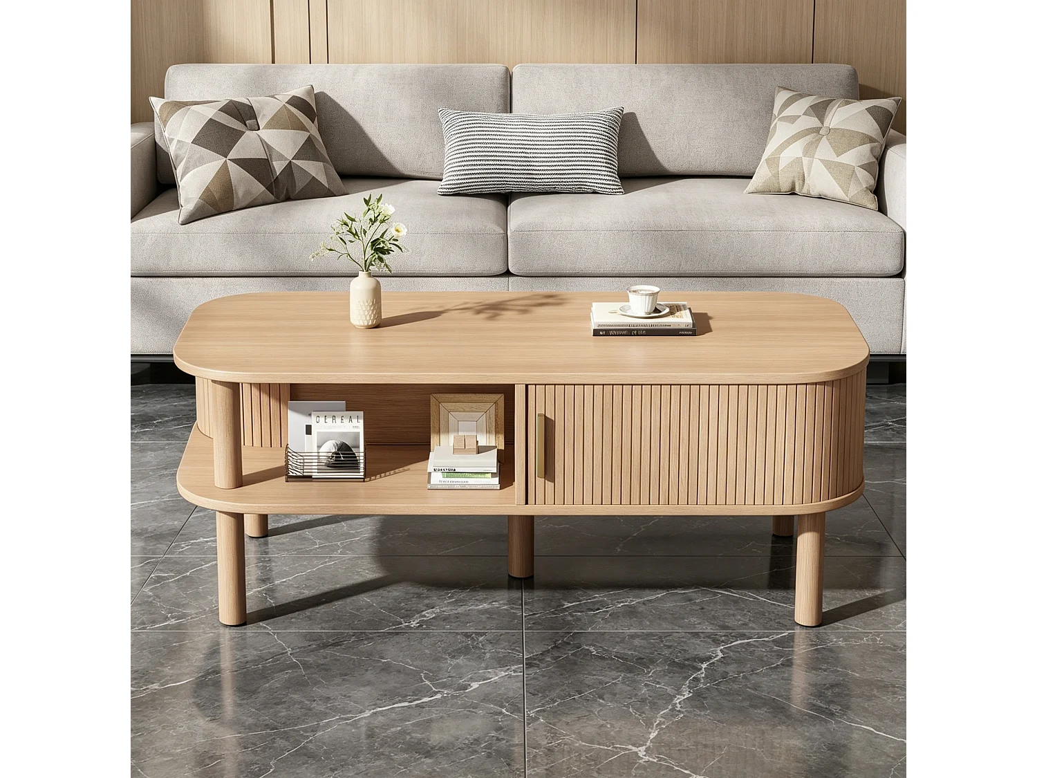 Tavolino basso 110x55x45 cm finitura naturale per soggiorno, anta scorrevole scanalata e vani ripostiglio aperti e chiusi