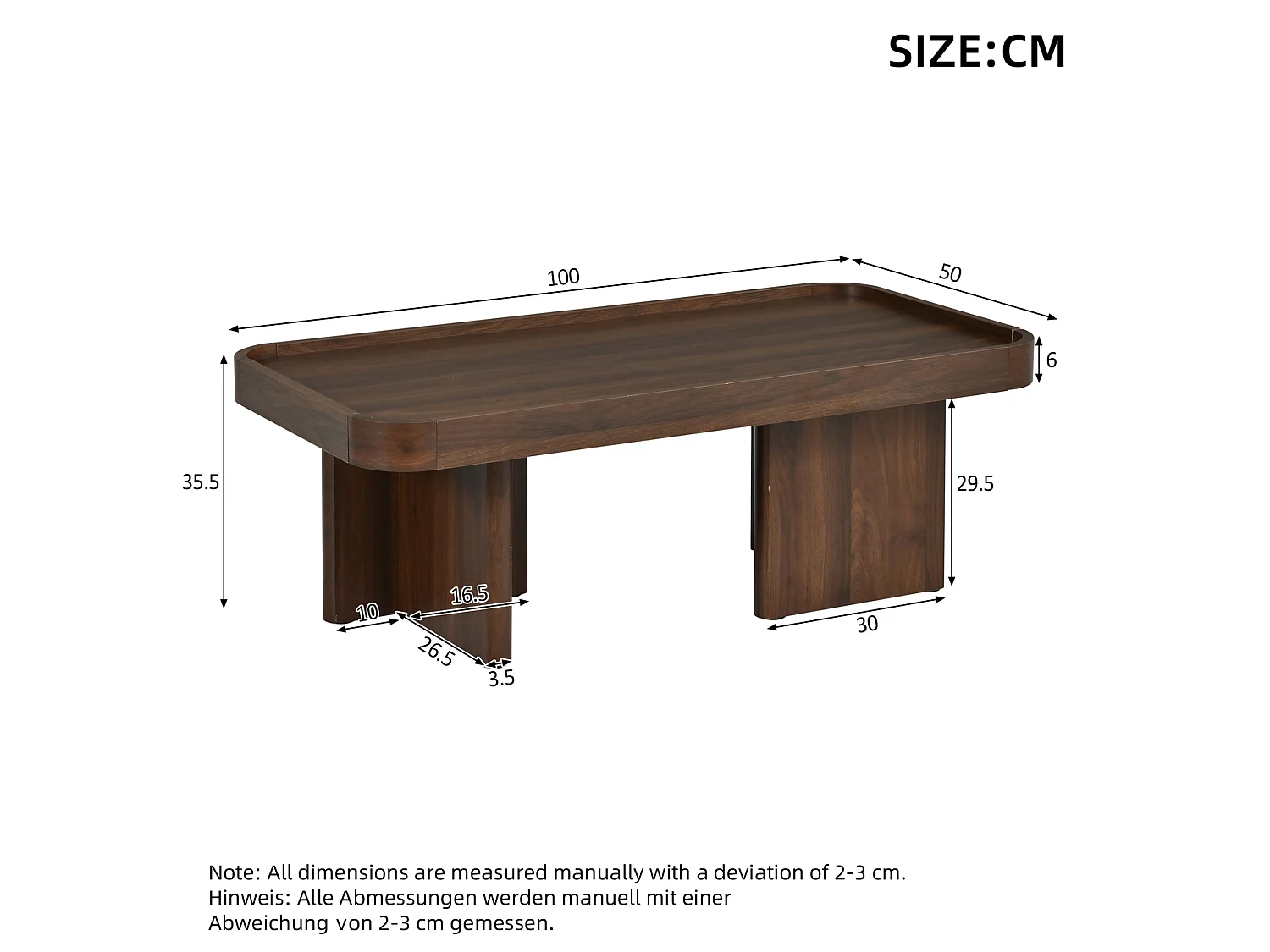 Tavolino rettangolare 100x50x35,5 cm finitura noce per soggiorno, bordi rialzati, angoli arrotondati, struttura stabile