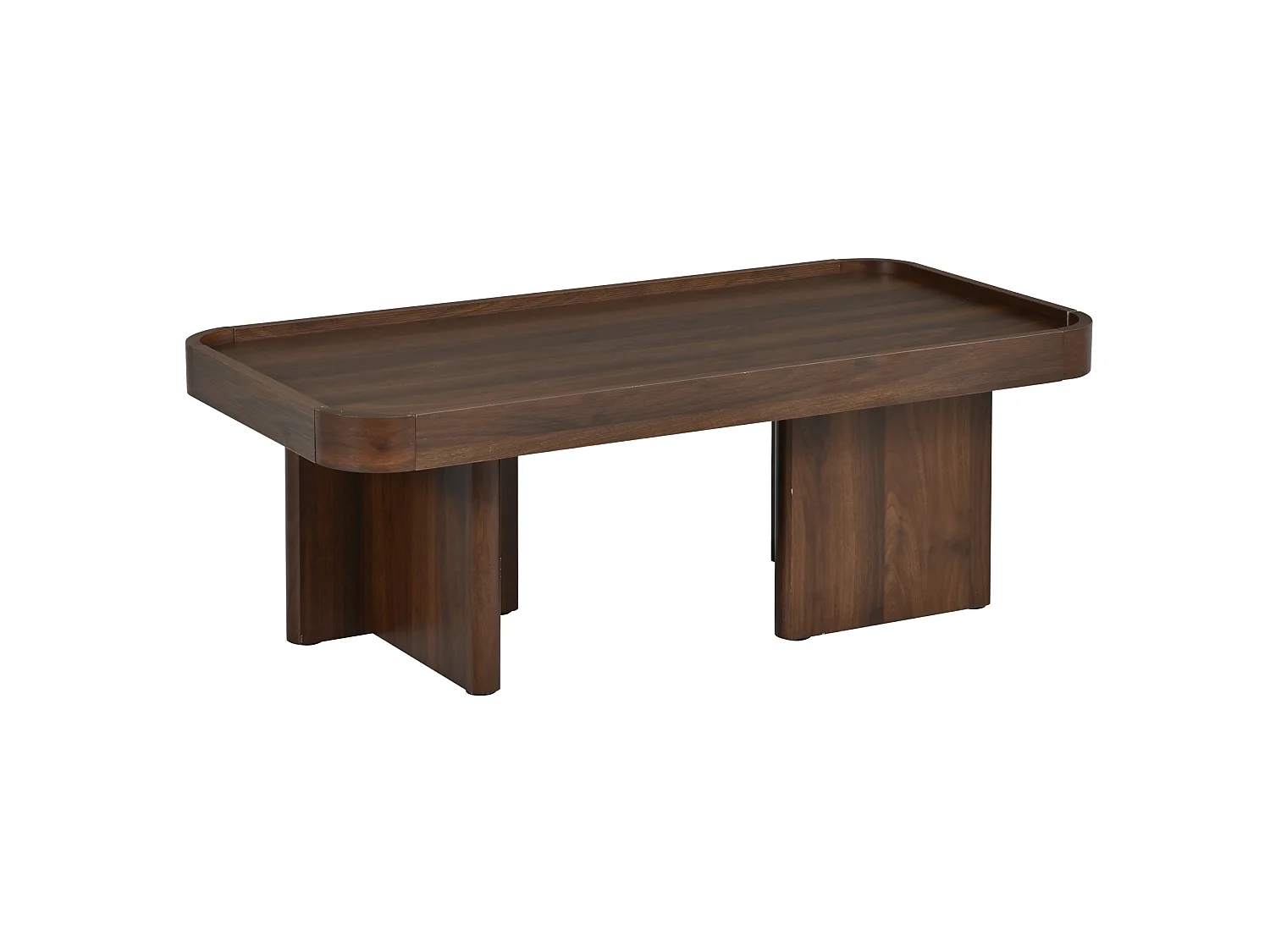 Tavolino rettangolare 100x50x35,5 cm finitura noce per soggiorno, bordi rialzati, angoli arrotondati, struttura stabile