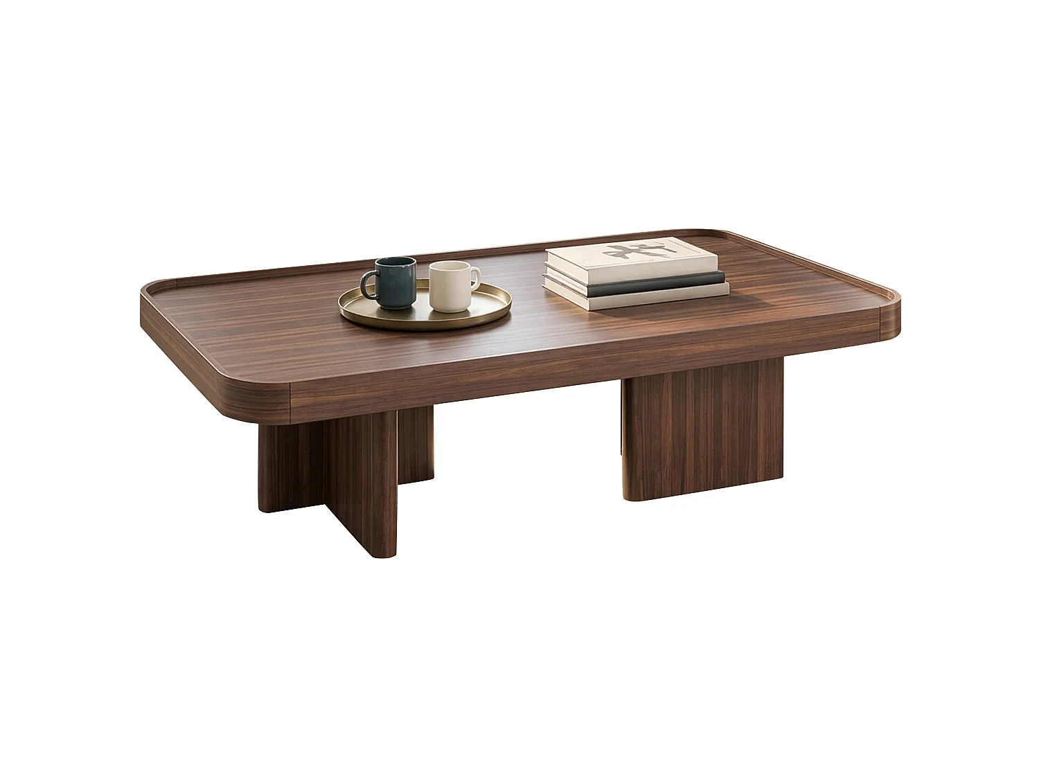 Tavolino rettangolare 100x50x35,5 cm finitura noce per soggiorno, bordi rialzati, angoli arrotondati, struttura stabile