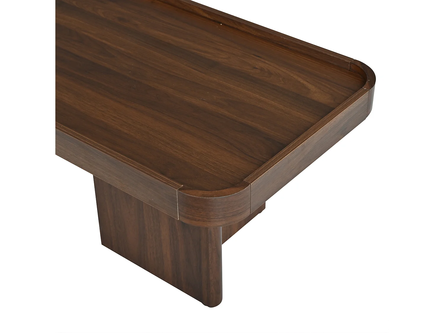 Tavolino rettangolare 100x50x35,5 cm finitura noce per soggiorno, bordi rialzati, angoli arrotondati, struttura stabile