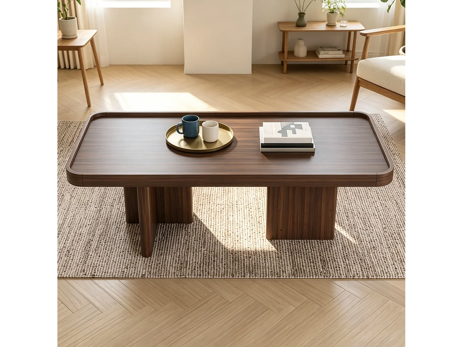 Tavolino rettangolare 100x50x35,5 cm finitura noce per soggiorno, bordi rialzati, angoli arrotondati, struttura stabile