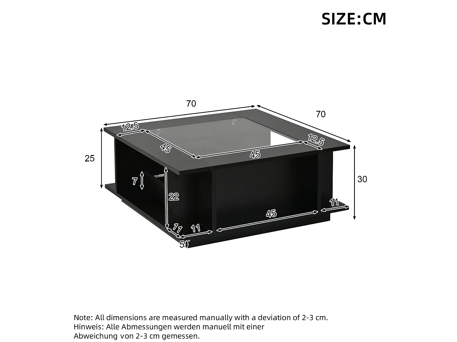 Tavolino quadrato 70x70x30 cm nero lucido piano vetro illuminazione led per soggiorno, vani aperti