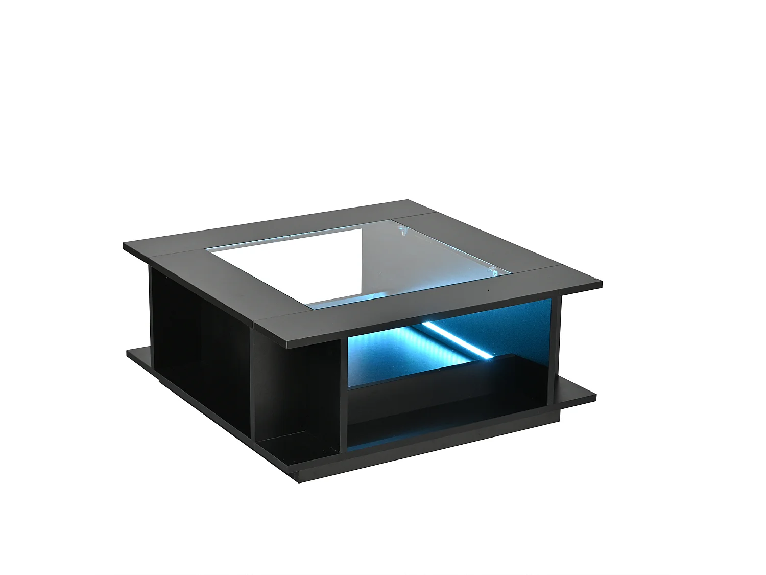 Tavolino quadrato 70x70x30 cm nero lucido piano vetro illuminazione led per soggiorno, vani aperti