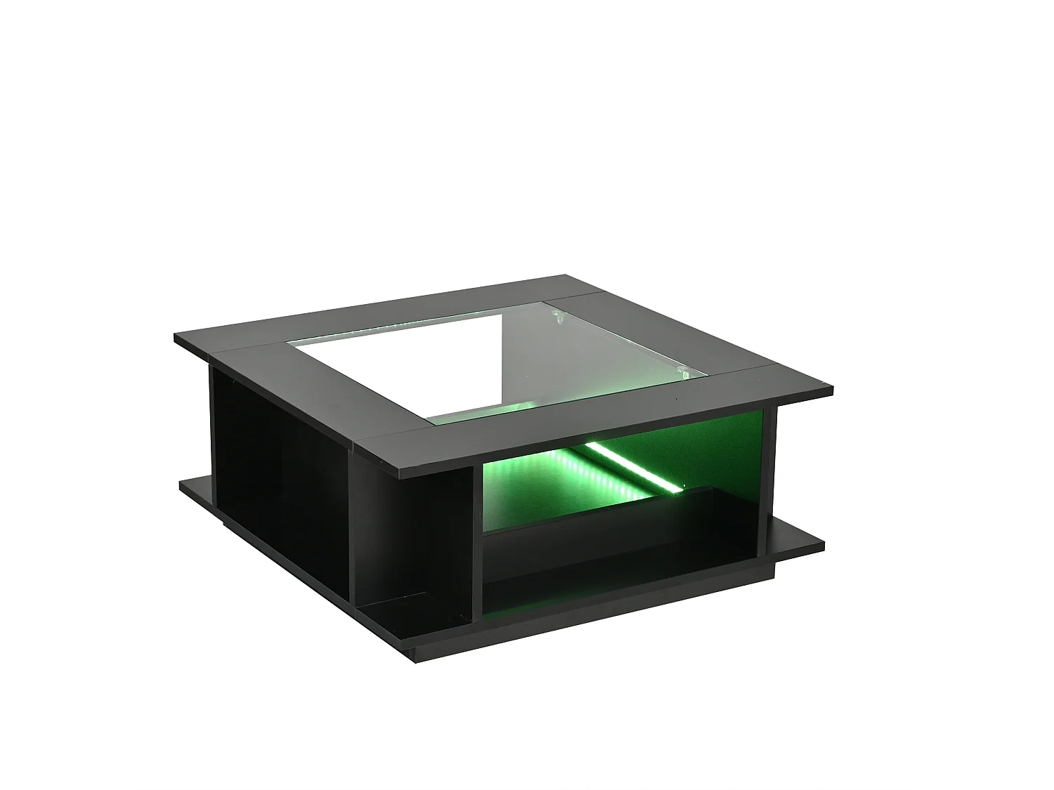 Tavolino quadrato 70x70x30 cm nero lucido piano vetro illuminazione led per soggiorno, vani aperti