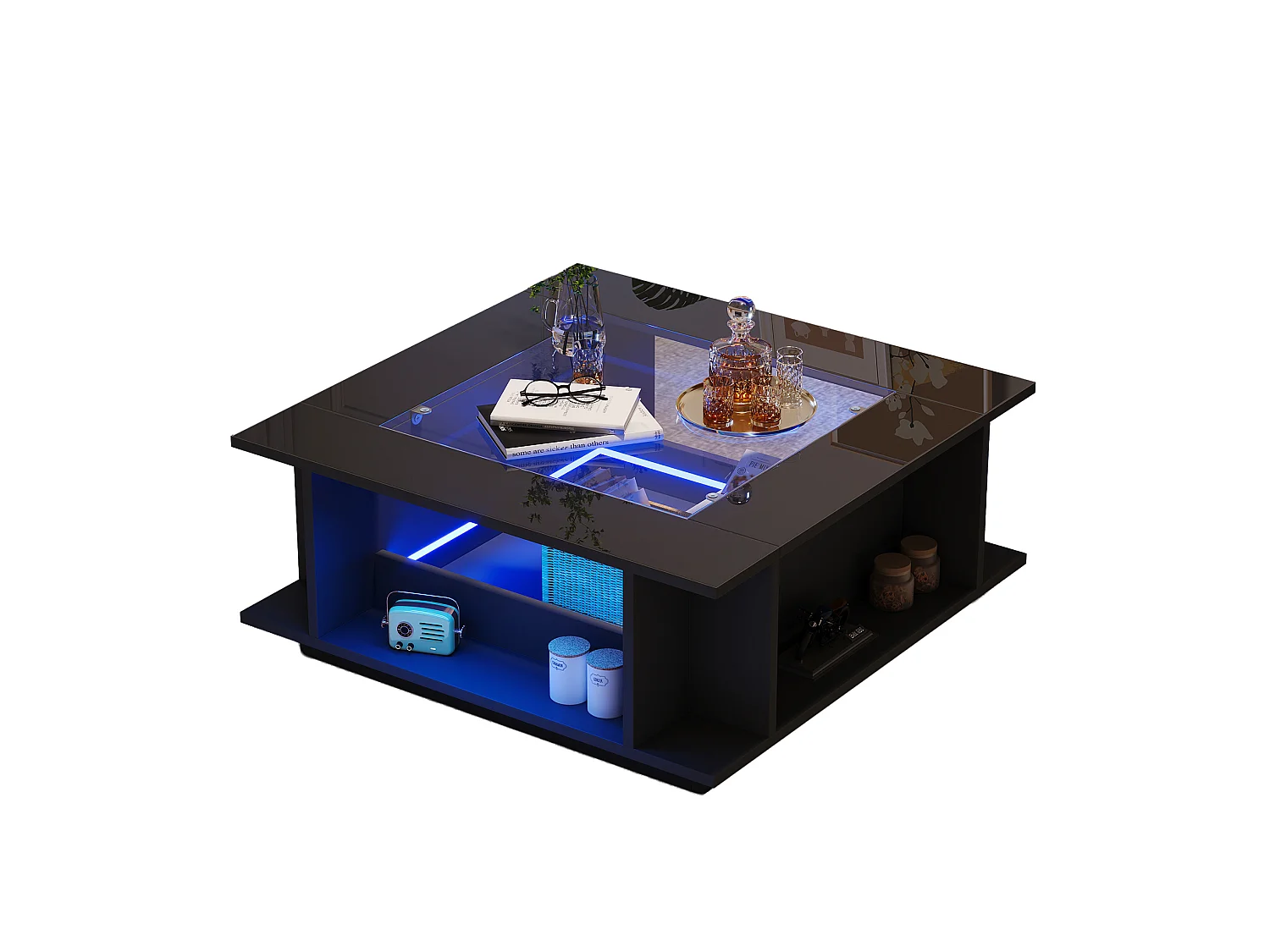 Tavolino quadrato 70x70x30 cm nero lucido piano vetro illuminazione led per soggiorno, vani aperti