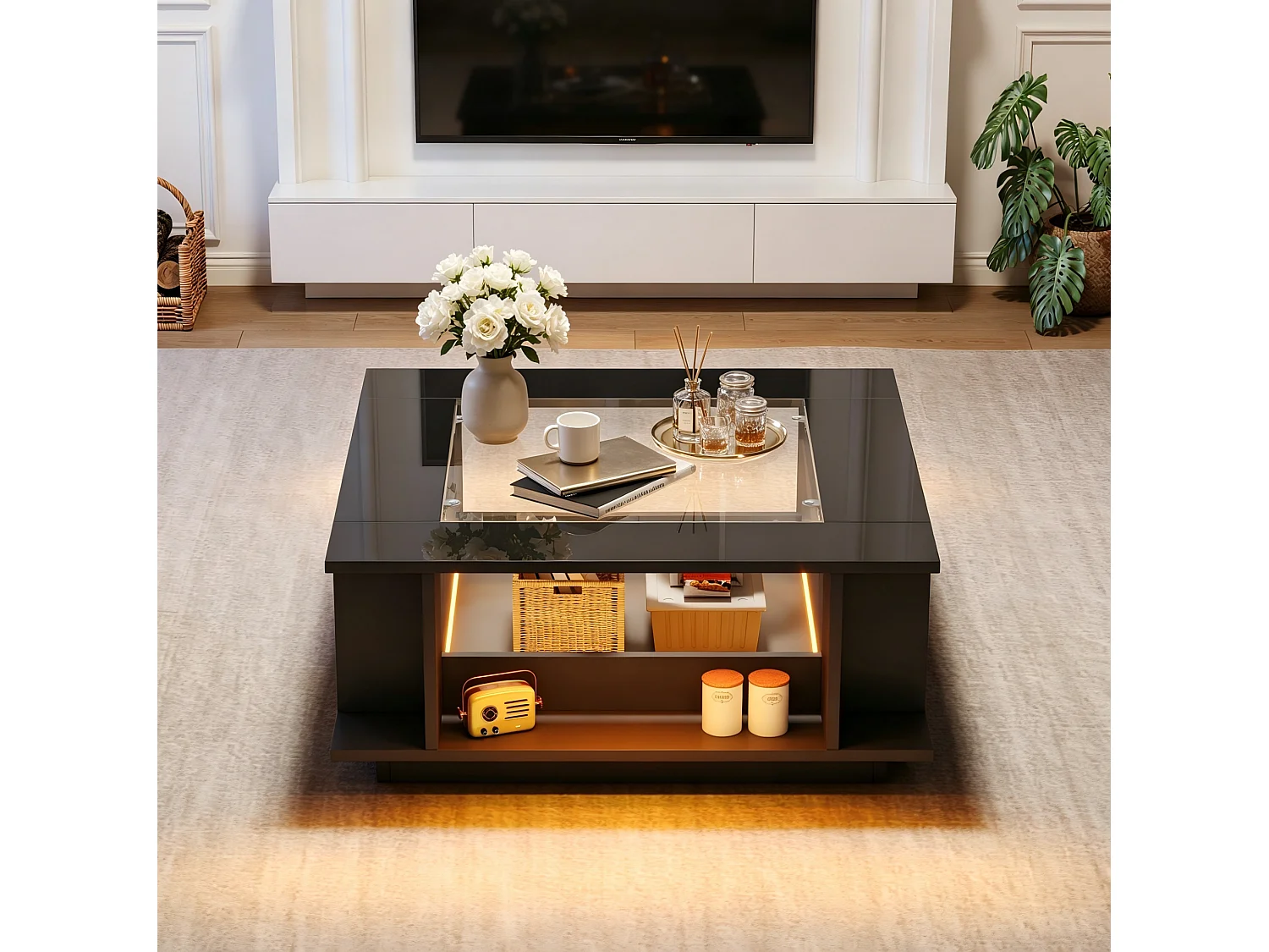 Tavolino quadrato 70x70x30 cm nero lucido piano vetro illuminazione led per soggiorno, vani aperti