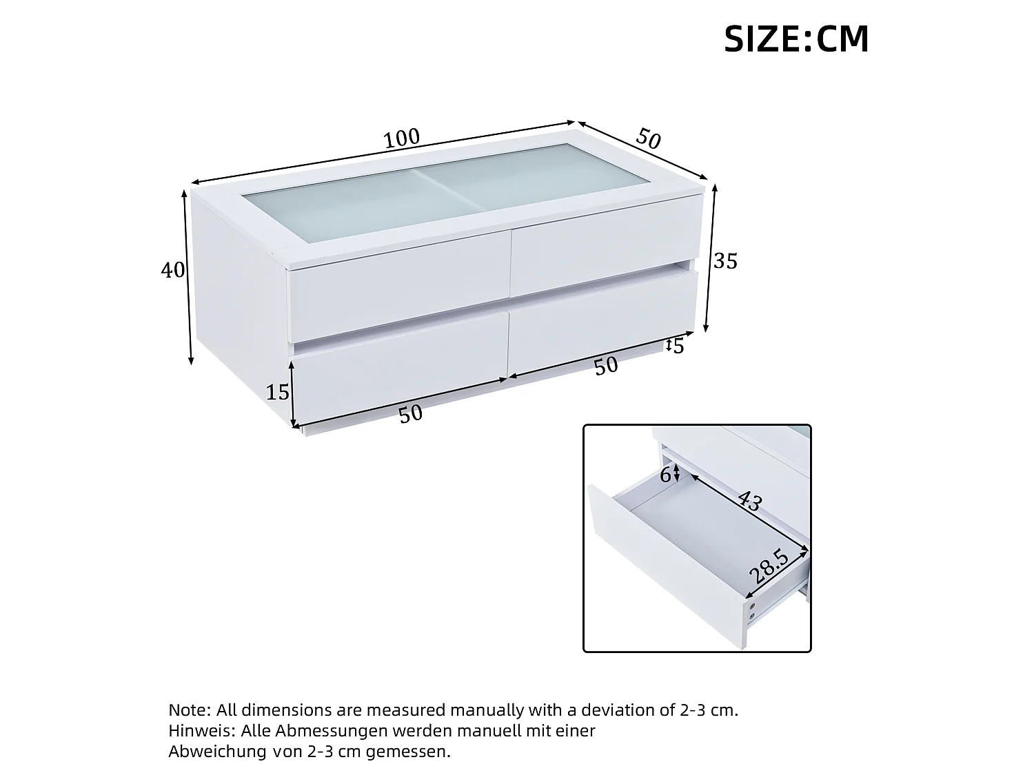 Tavolino basso 100x50x40 cm bianco finitura lucida piano vetro temperato, illuminazione led integrata e 4 cassetti per soggiorno