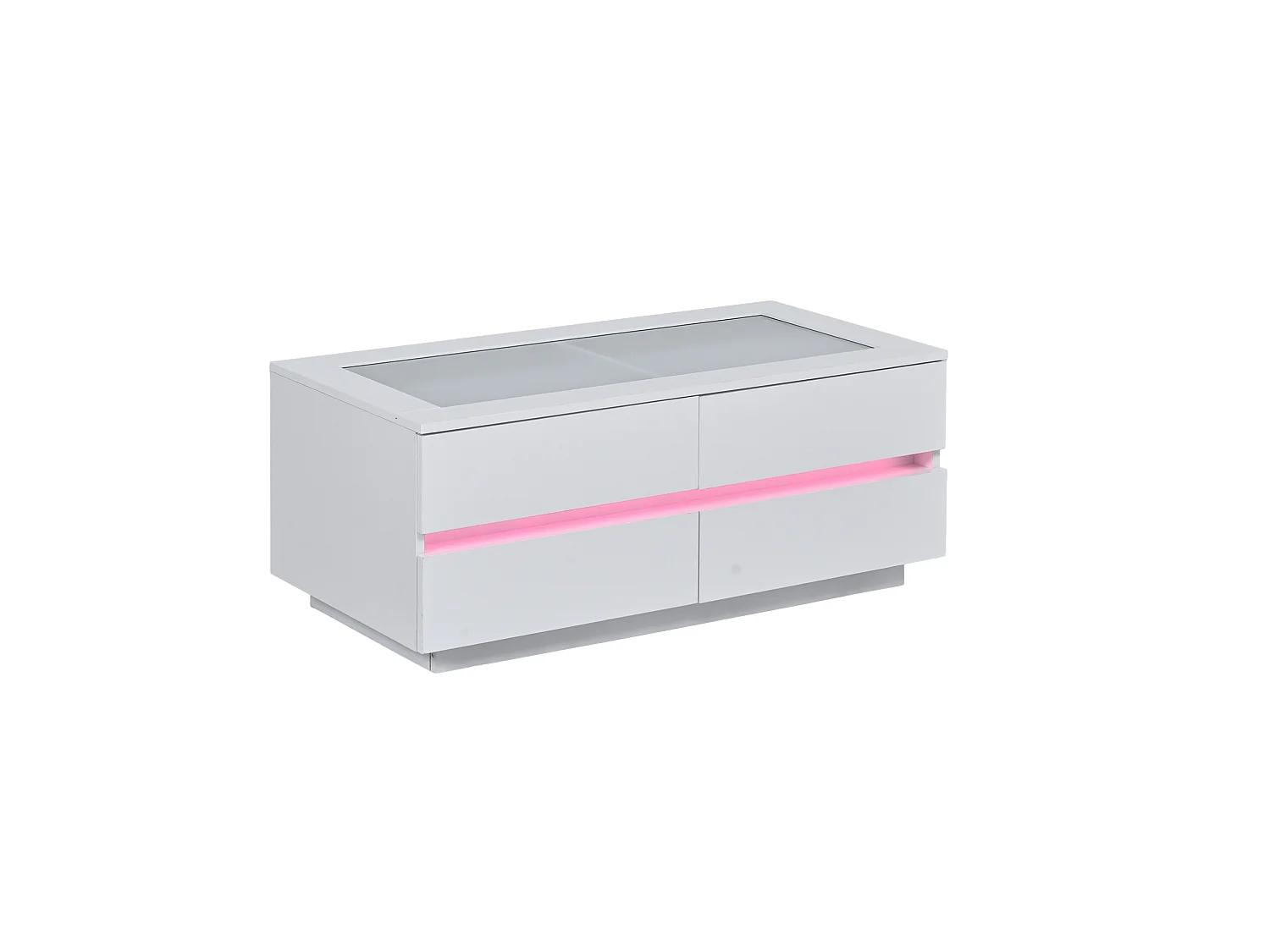 Tavolino basso 100x50x40 cm bianco finitura lucida piano vetro temperato, illuminazione led integrata e 4 cassetti per soggiorno