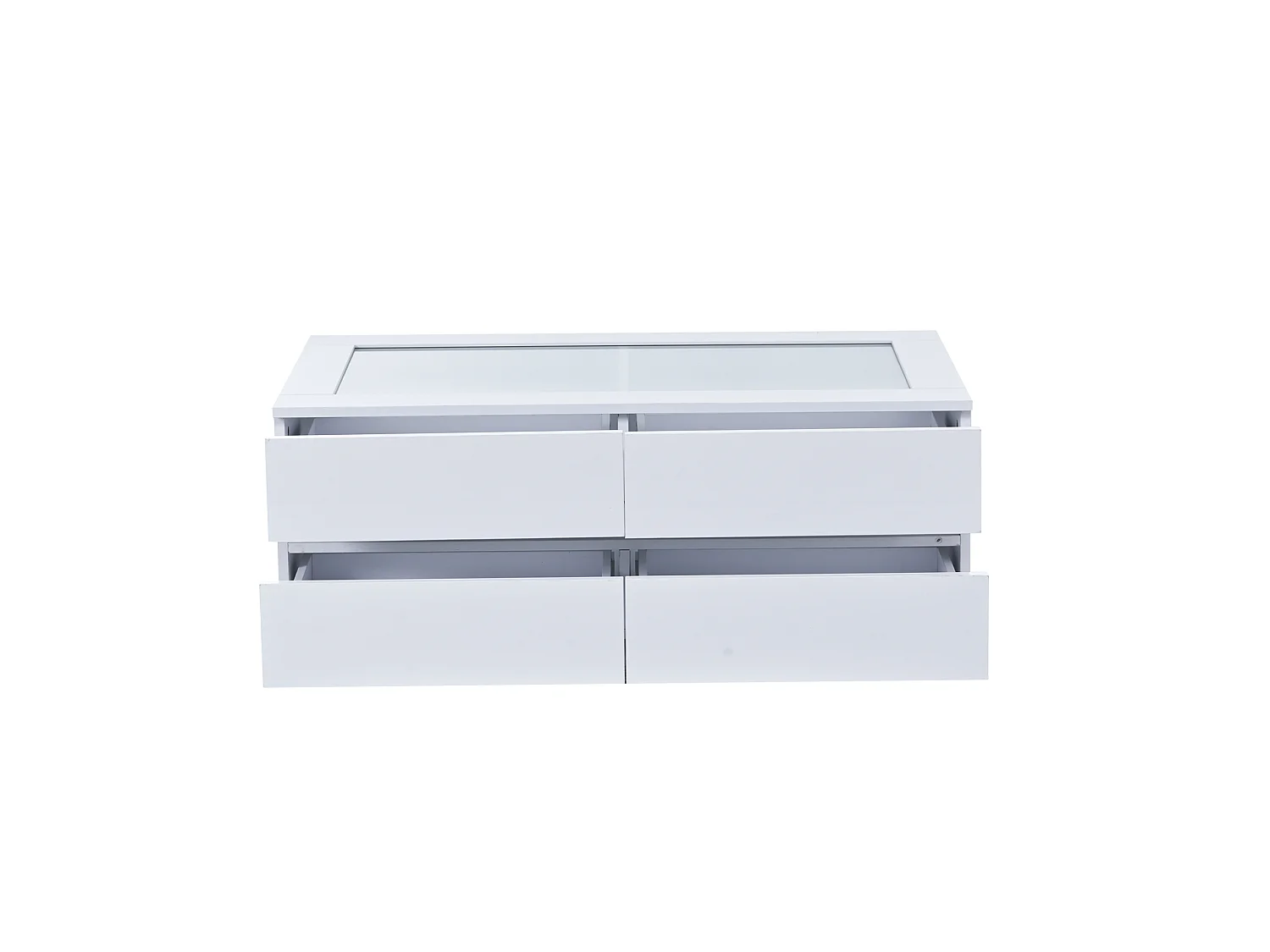 Tavolino basso 100x50x40 cm bianco finitura lucida piano vetro temperato, illuminazione led integrata e 4 cassetti per soggiorno