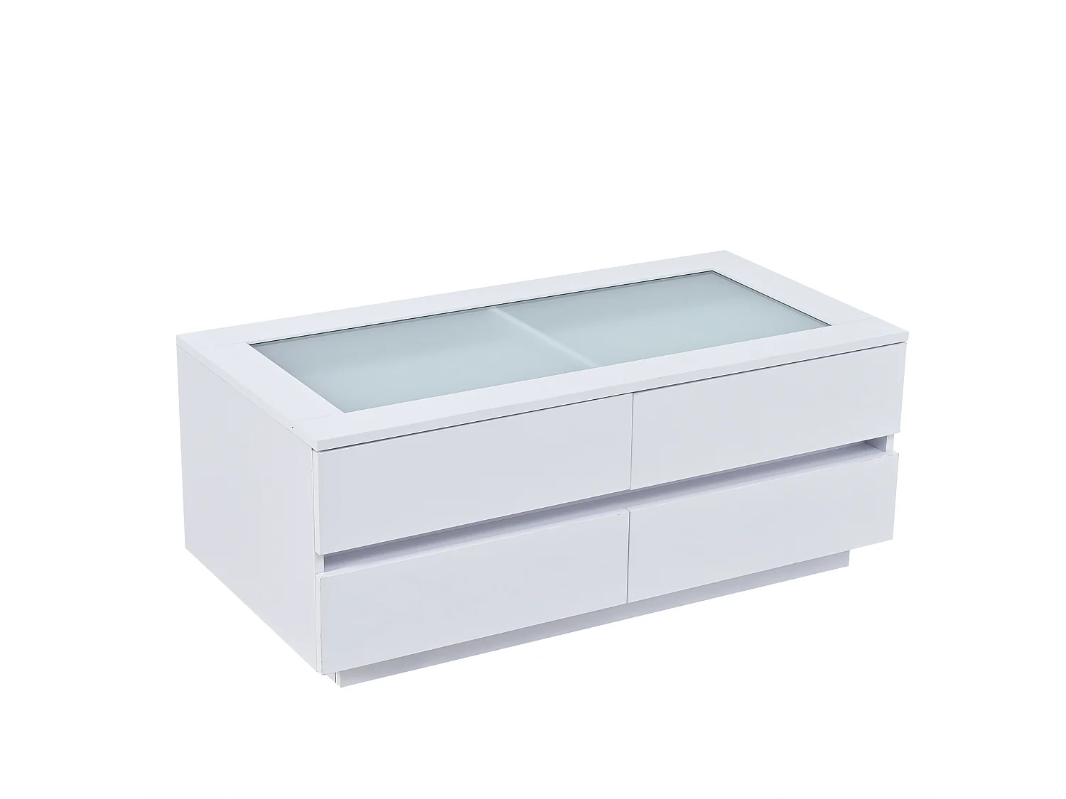 Tavolino basso 100x50x40 cm bianco finitura lucida piano vetro temperato, illuminazione led integrata e 4 cassetti per soggiorno