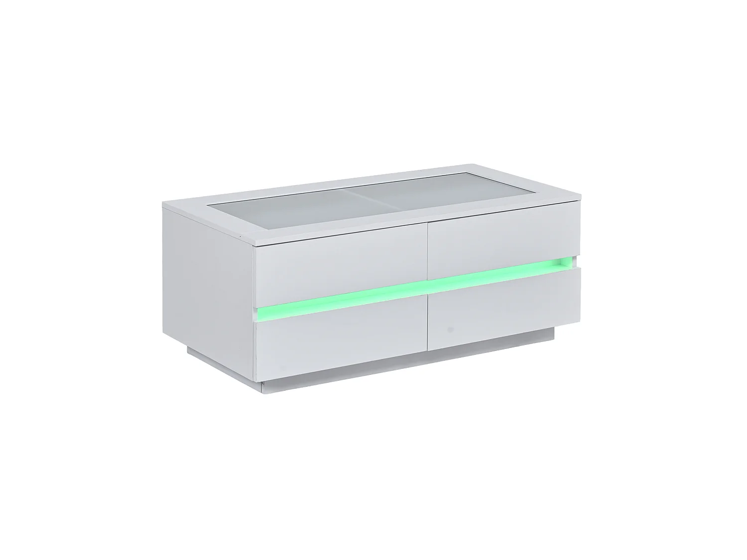 Tavolino basso 100x50x40 cm bianco finitura lucida piano vetro temperato, illuminazione led integrata e 4 cassetti per soggiorno