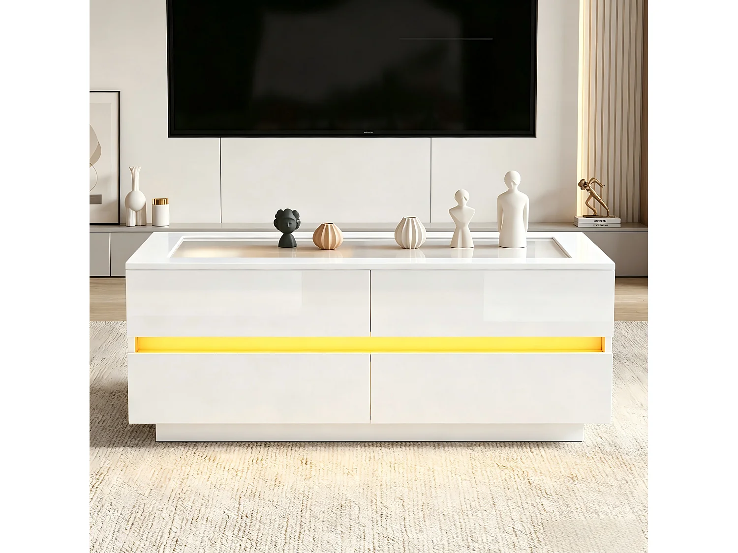 Tavolino basso 100x50x40 cm bianco finitura lucida piano vetro temperato, illuminazione led integrata e 4 cassetti per soggiorno