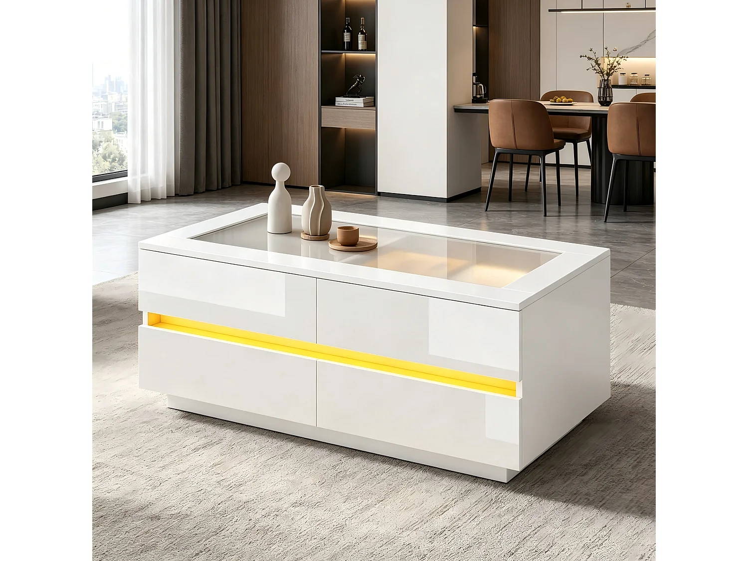 Tavolino basso 100x50x40 cm bianco finitura lucida piano vetro temperato, illuminazione led integrata e 4 cassetti per soggiorno
