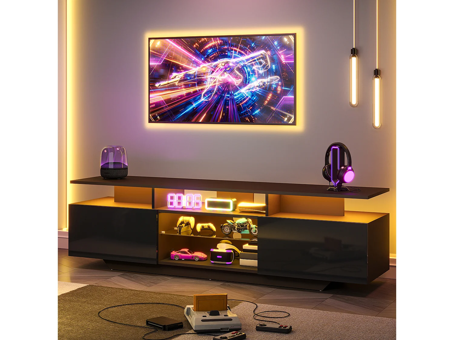 Mobile TV 160 cm nero lucido con illuminazione LED, 2 ante, ripiani in vetro temperato e ampio spazio contenitivo per soggiorno