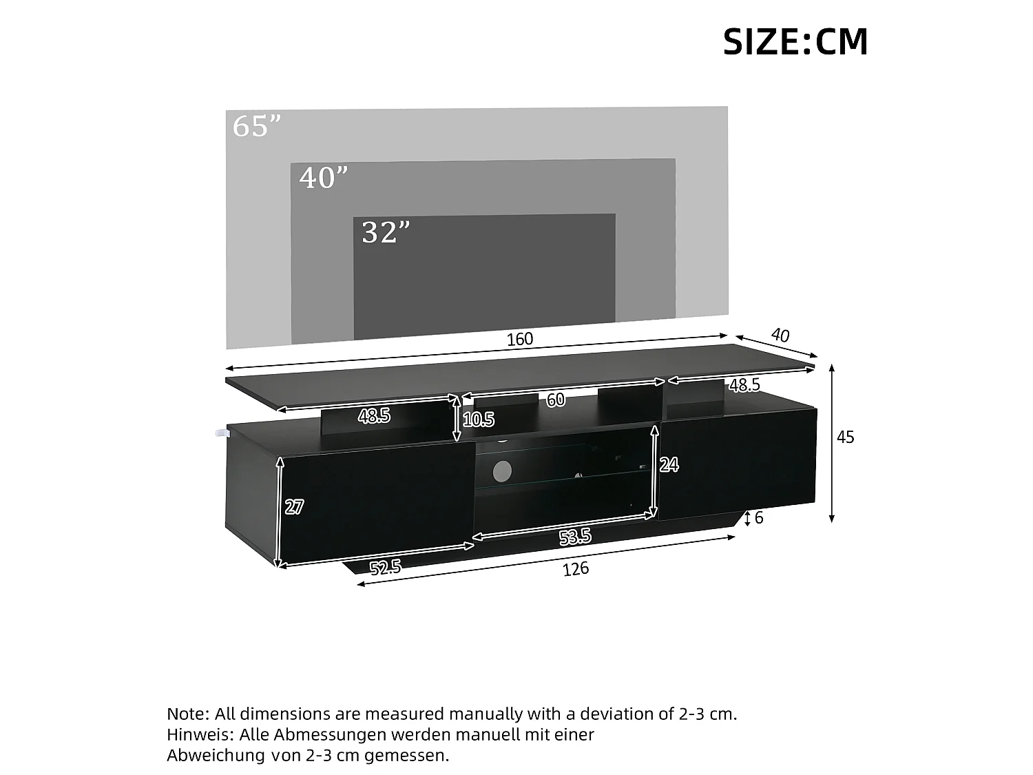 Mobile TV 160 cm nero lucido con illuminazione LED, 2 ante, ripiani in vetro temperato e ampio spazio contenitivo per soggiorno
