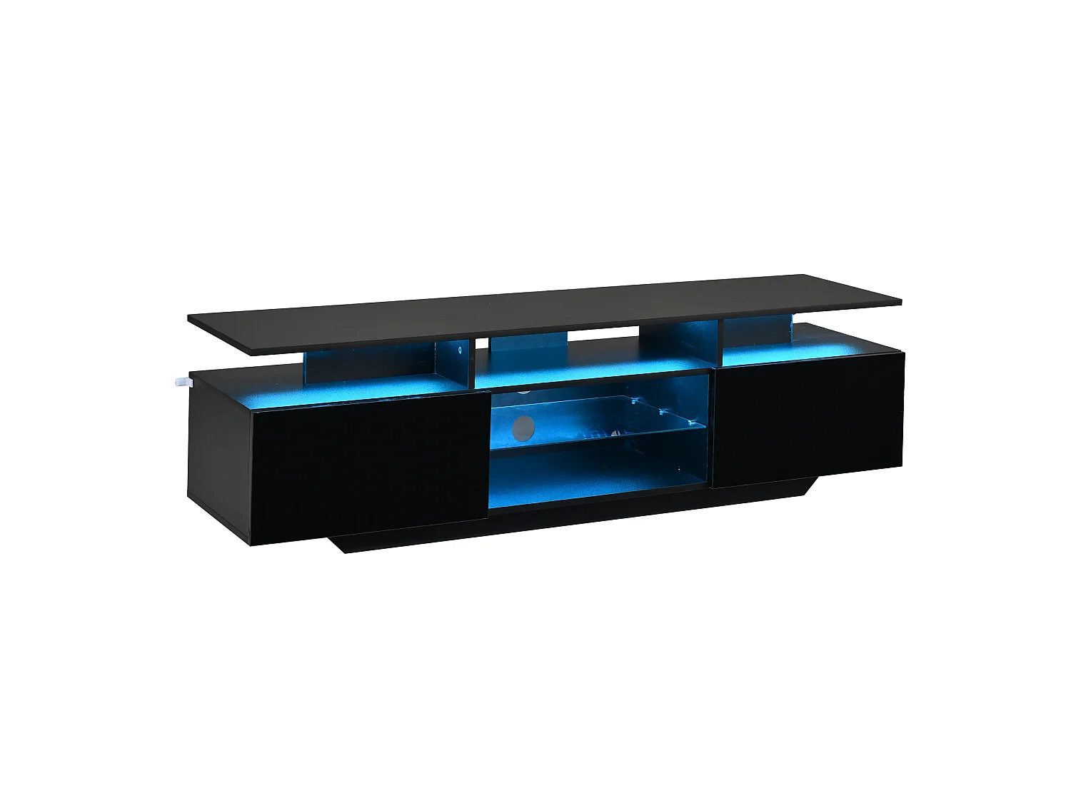 Mobile TV 160 cm nero lucido con illuminazione LED, 2 ante, ripiani in vetro temperato e ampio spazio contenitivo per soggiorno