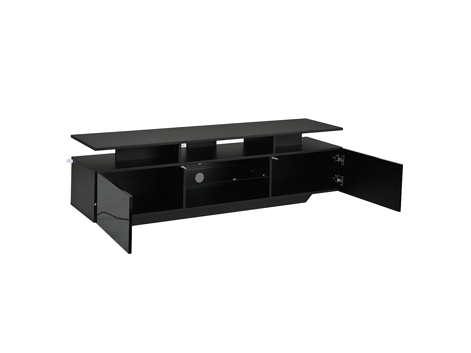 Mobile TV 160 cm nero lucido con illuminazione LED, 2 ante, ripiani in vetro temperato e ampio spazio contenitivo per soggiorno
