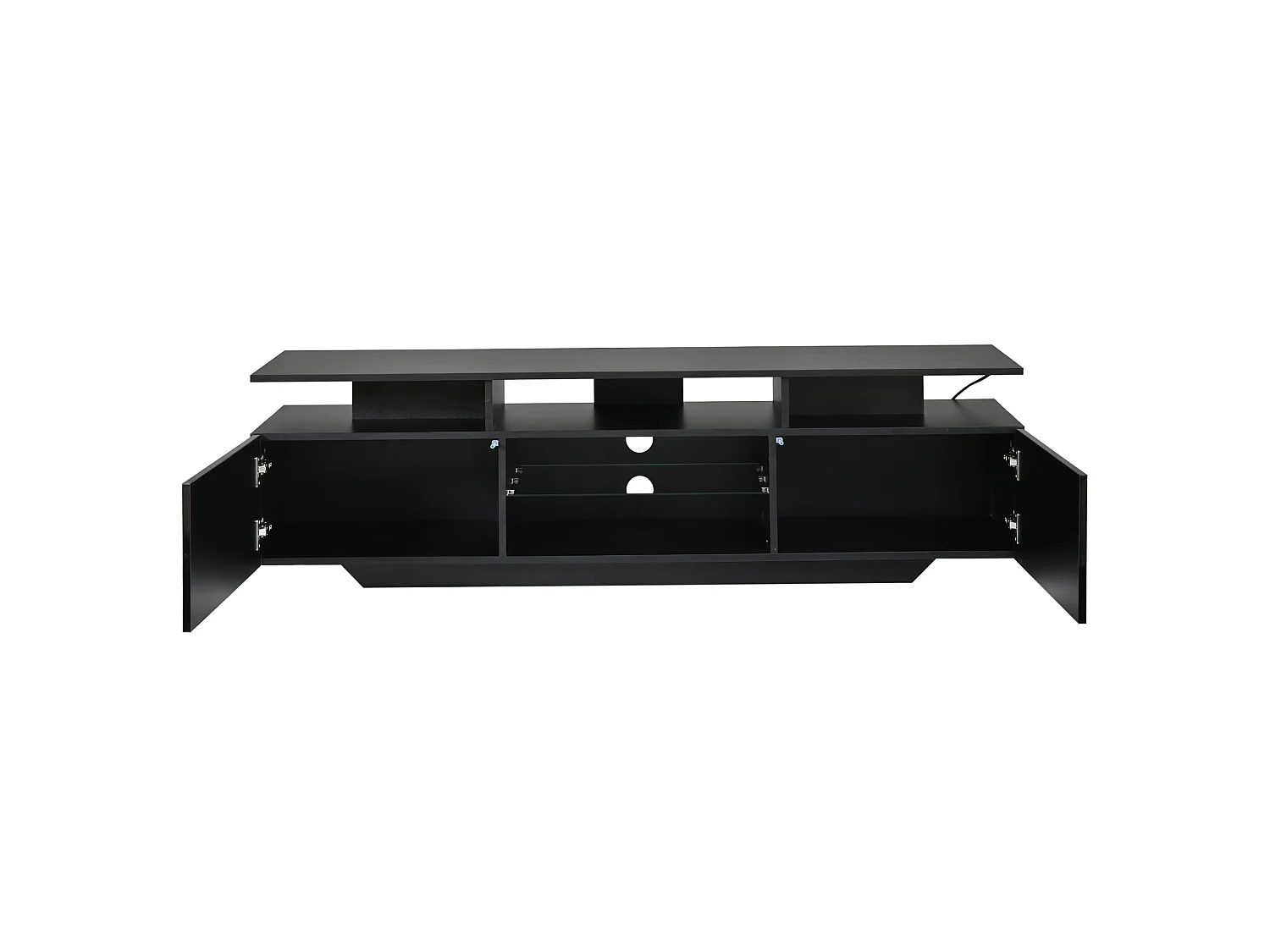 Mobile TV 160 cm nero lucido con illuminazione LED, 2 ante, ripiani in vetro temperato e ampio spazio contenitivo per soggiorno