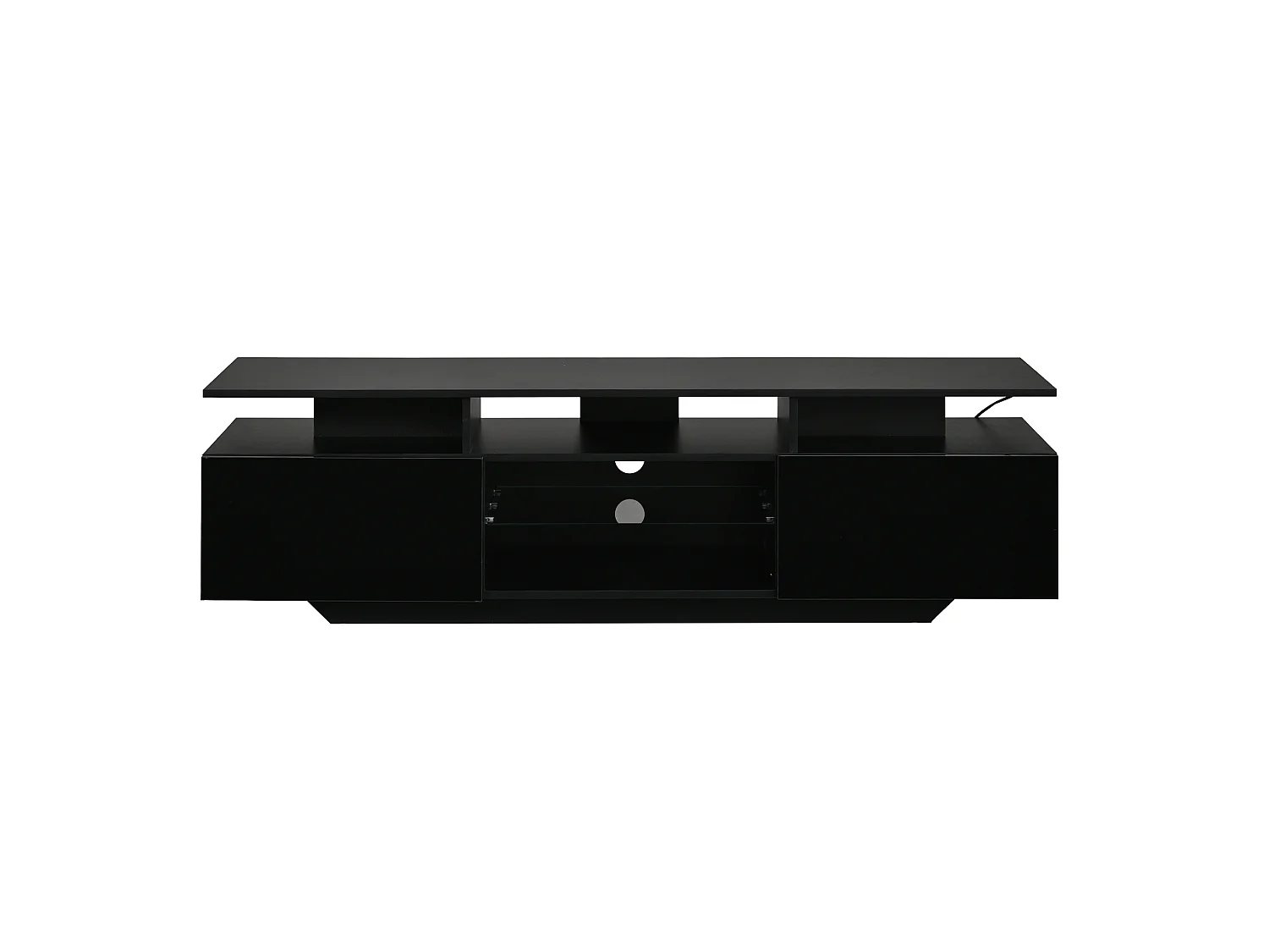 Mobile TV 160 cm nero lucido con illuminazione LED, 2 ante, ripiani in vetro temperato e ampio spazio contenitivo per soggiorno