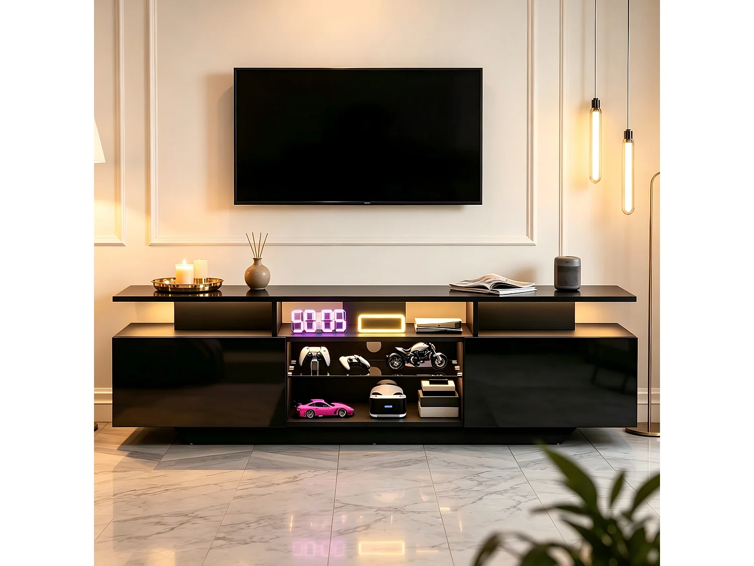Mobile TV 160 cm nero lucido con illuminazione LED, 2 ante, ripiani in vetro temperato e ampio spazio contenitivo per soggiorno