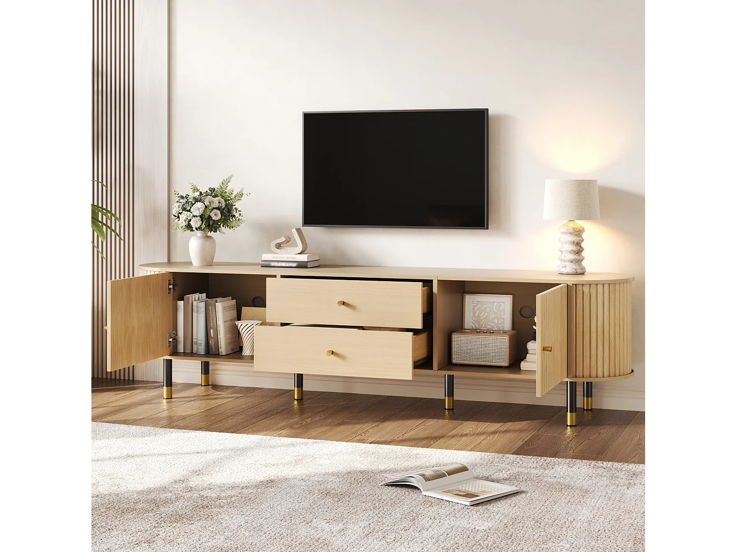 Meuble TV ovale 180 cm finition bois naturel avec 2 portes, 2 tiroirs et grand espace de rangement pour salon