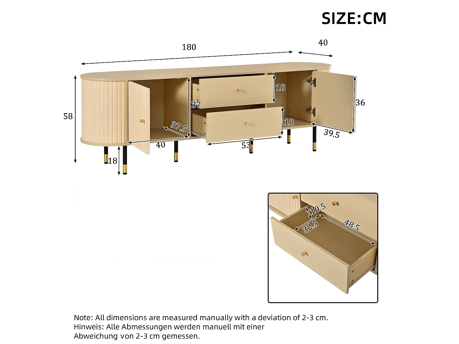 Meuble TV ovale 180 cm finition bois naturel avec 2 portes, 2 tiroirs et grand espace de rangement pour salon