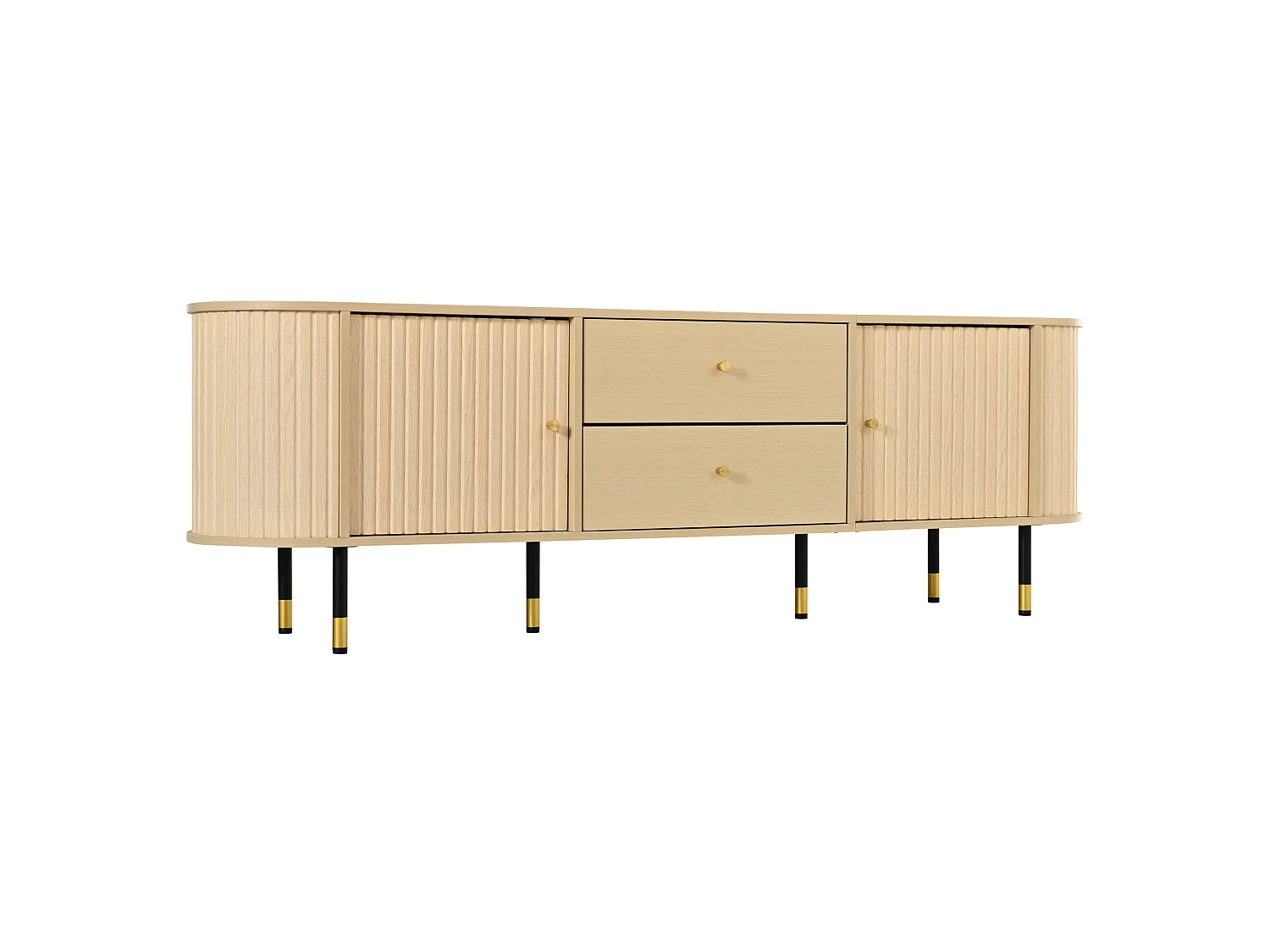 Meuble TV ovale 180 cm finition bois naturel avec 2 portes, 2 tiroirs et grand espace de rangement pour salon
