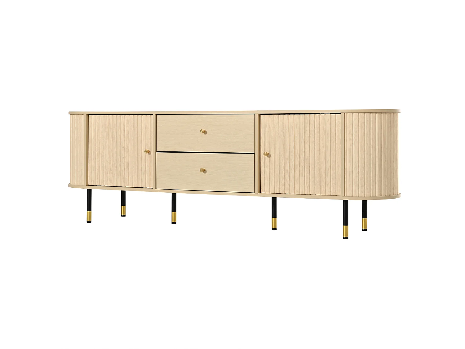 Meuble TV ovale 180 cm finition bois naturel avec 2 portes, 2 tiroirs et grand espace de rangement pour salon