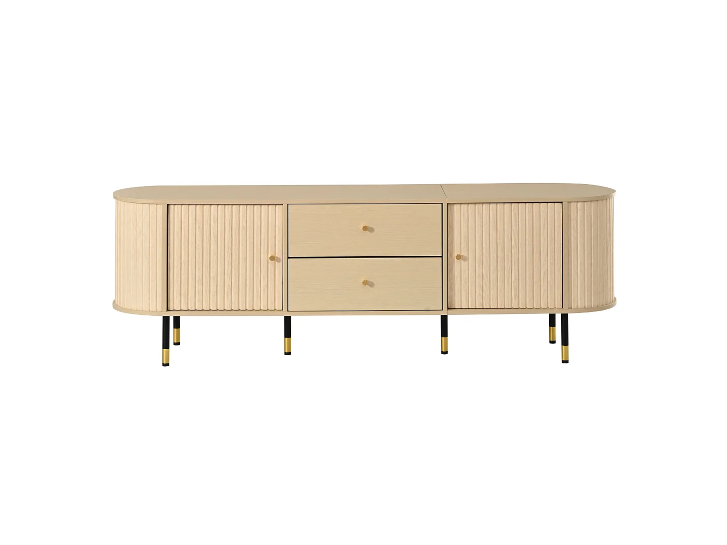 Meuble TV ovale 180 cm finition bois naturel avec 2 portes, 2 tiroirs et grand espace de rangement pour salon